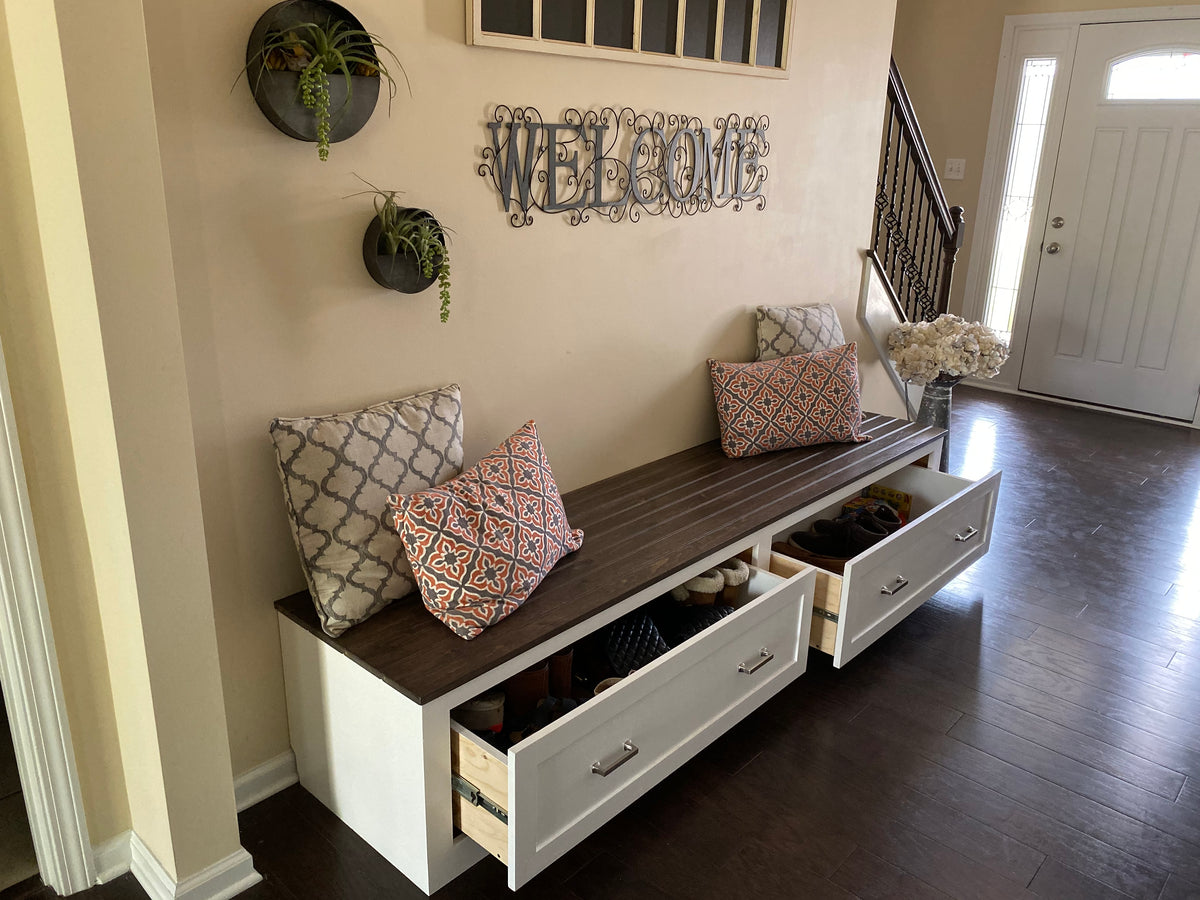 Photo of a Shaker style straight bench with two custom front drawers.