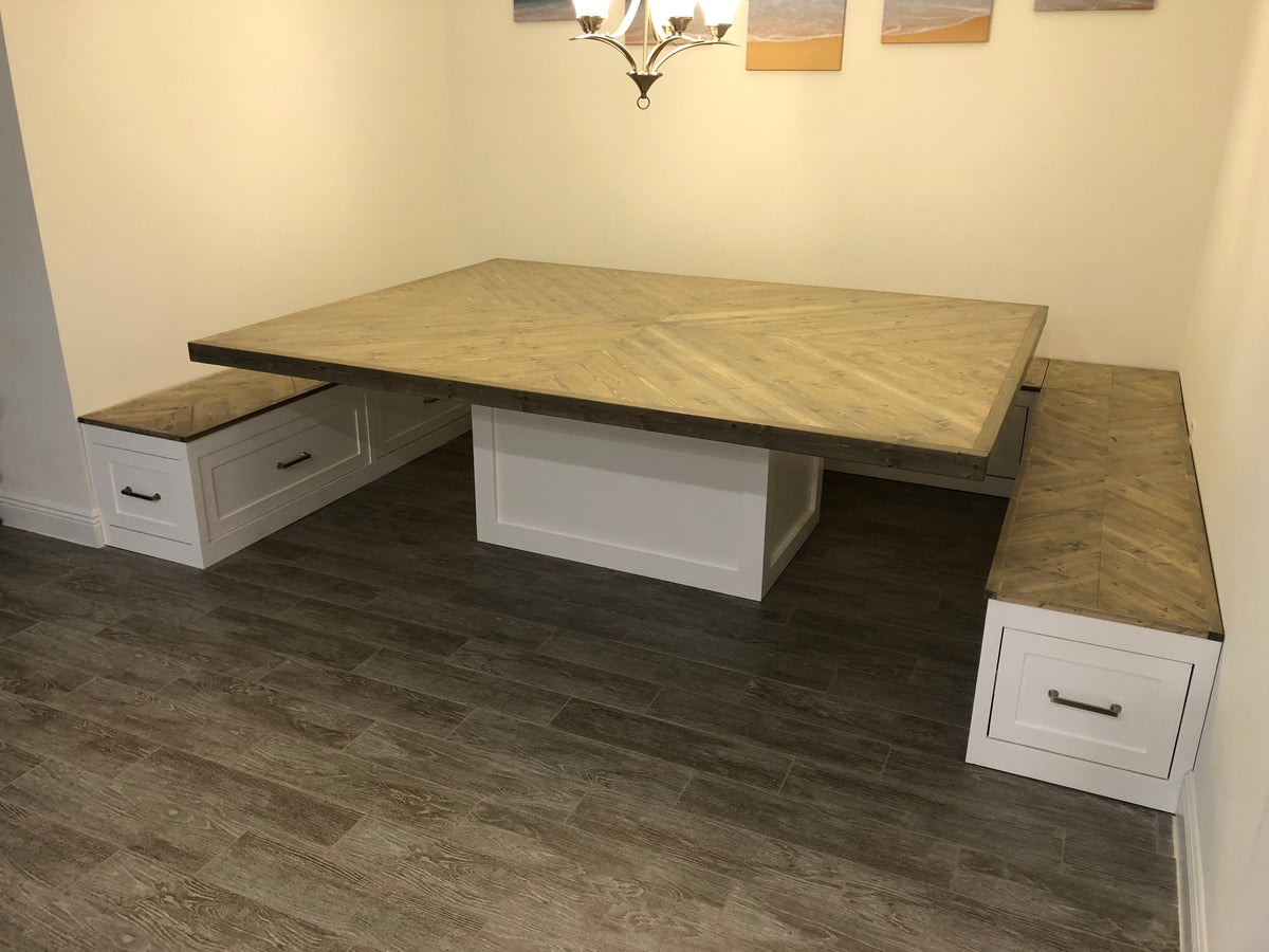 Photo of a Shaker Style U-shape bench with herringbone tops and custom drawers and a customer herringbone top square table