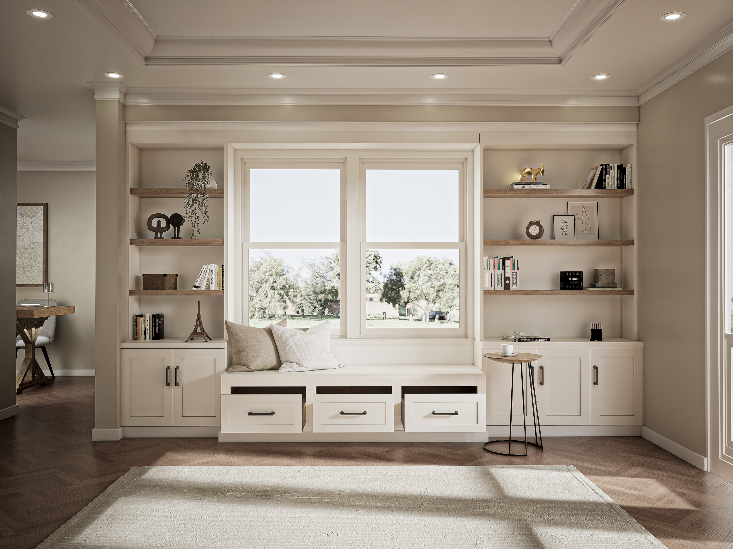 Handcrafted Wooden Storage Bench with Bookshelves: Bespoke, Modern & Cozy Solution for Organized, Inviting Spaces