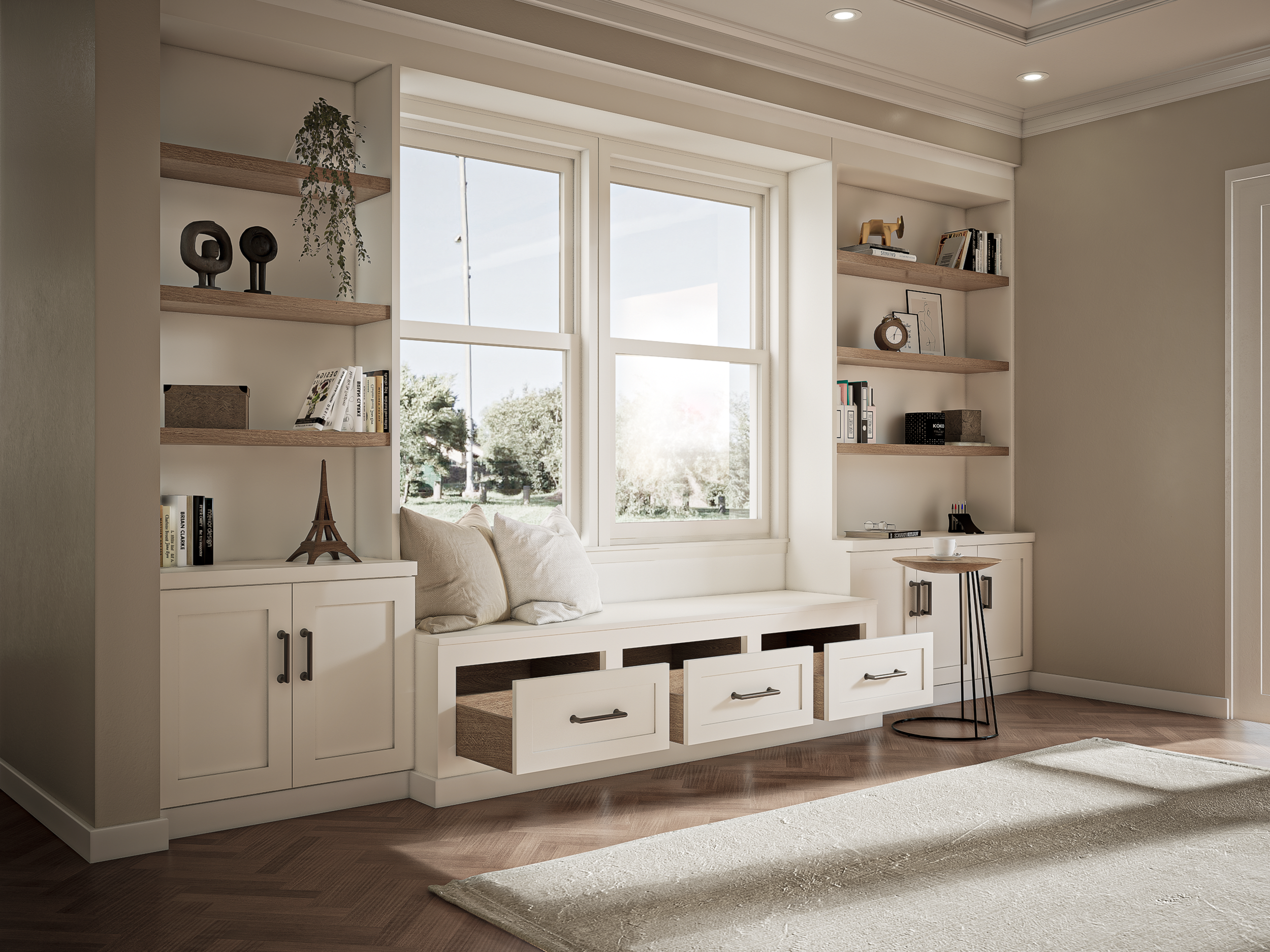 Handcrafted Wooden Storage Bench with Bookshelves: Bespoke, Modern & Cozy Solution for Organized, Inviting Spaces