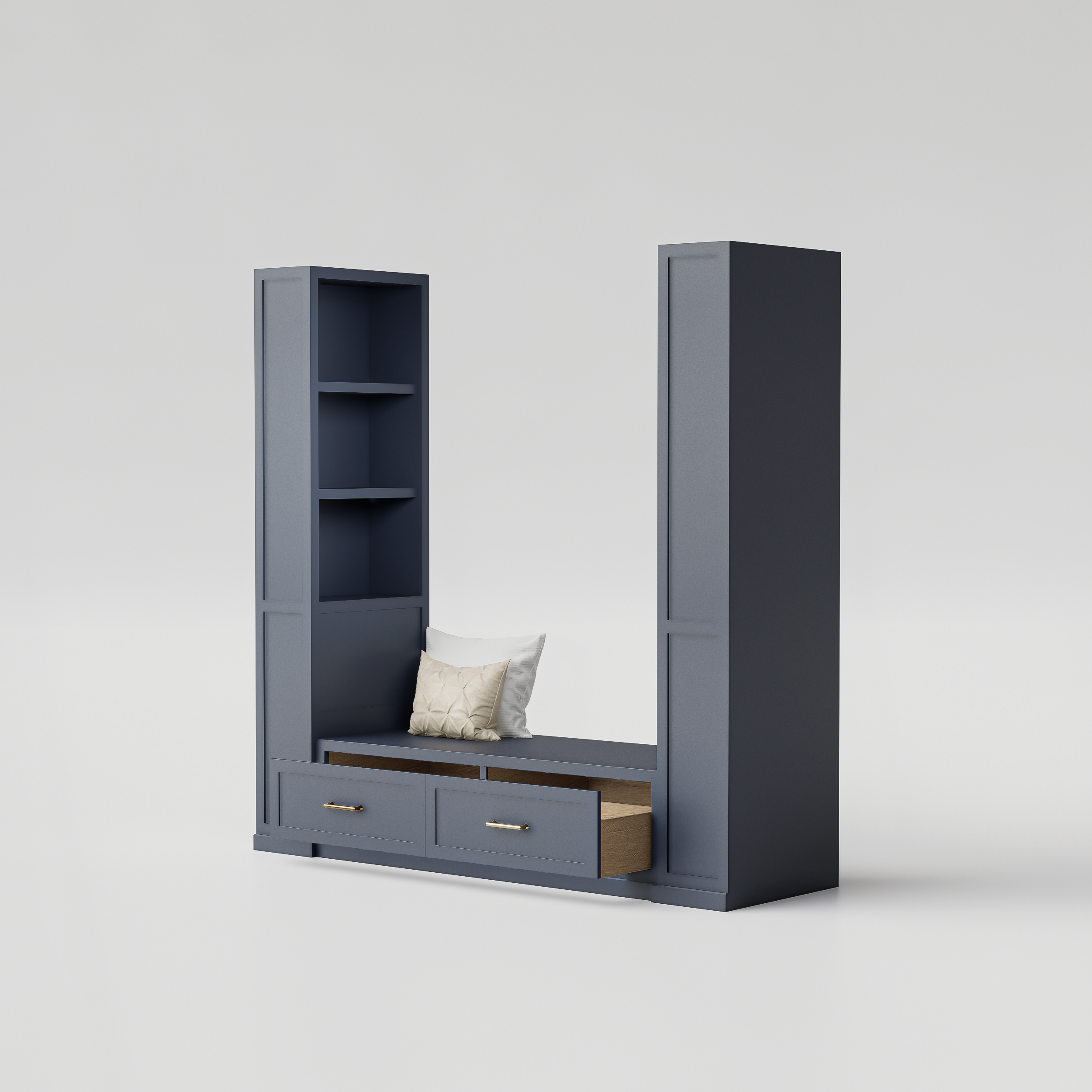Custom Reading Nook with Front Drawers and Two Bookshelves: Your Cozy Retreat for Books and Relaxation