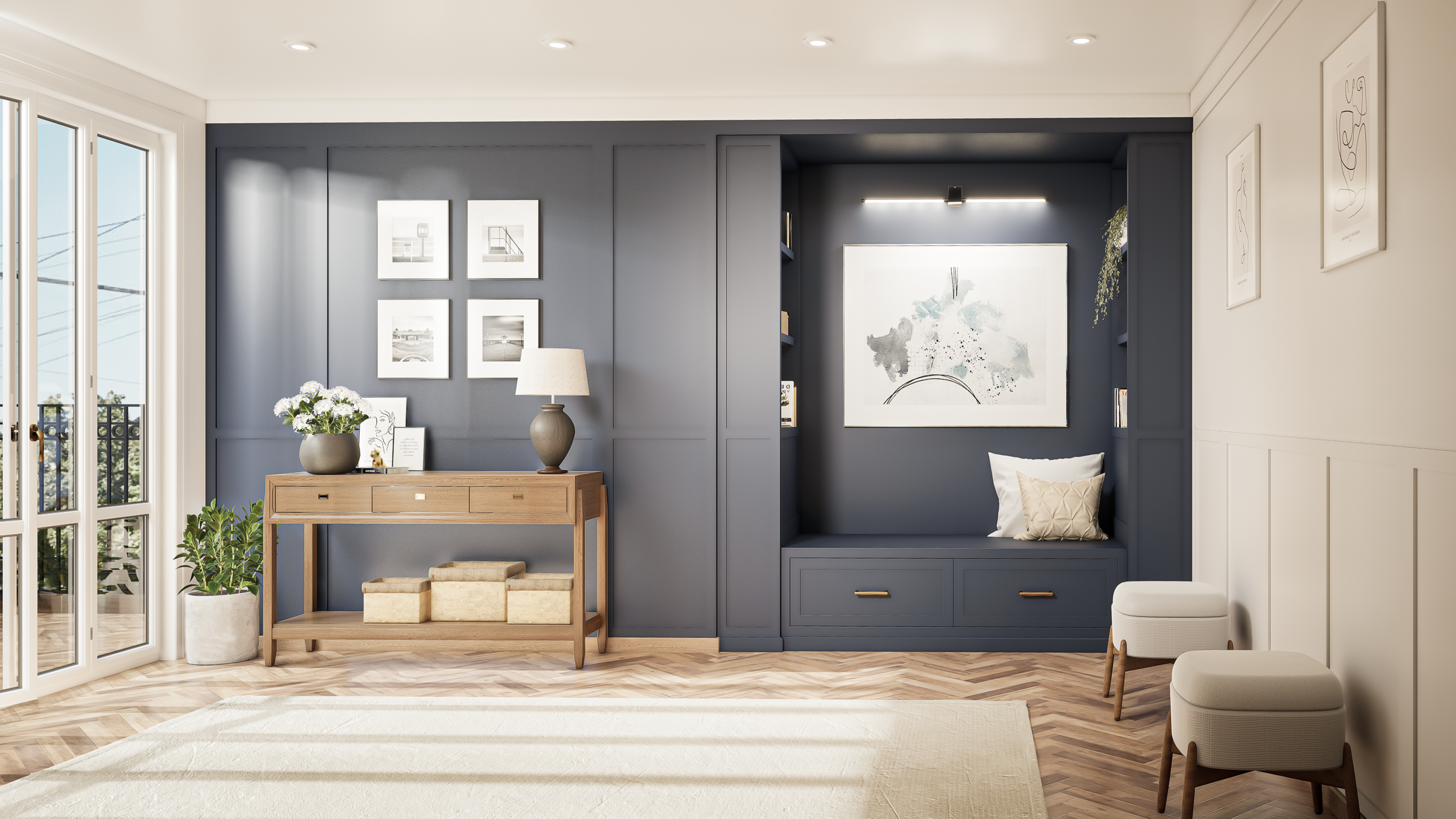 Custom Reading Nook with Front Drawers and Two Bookshelves: Your Cozy Retreat for Books and Relaxation