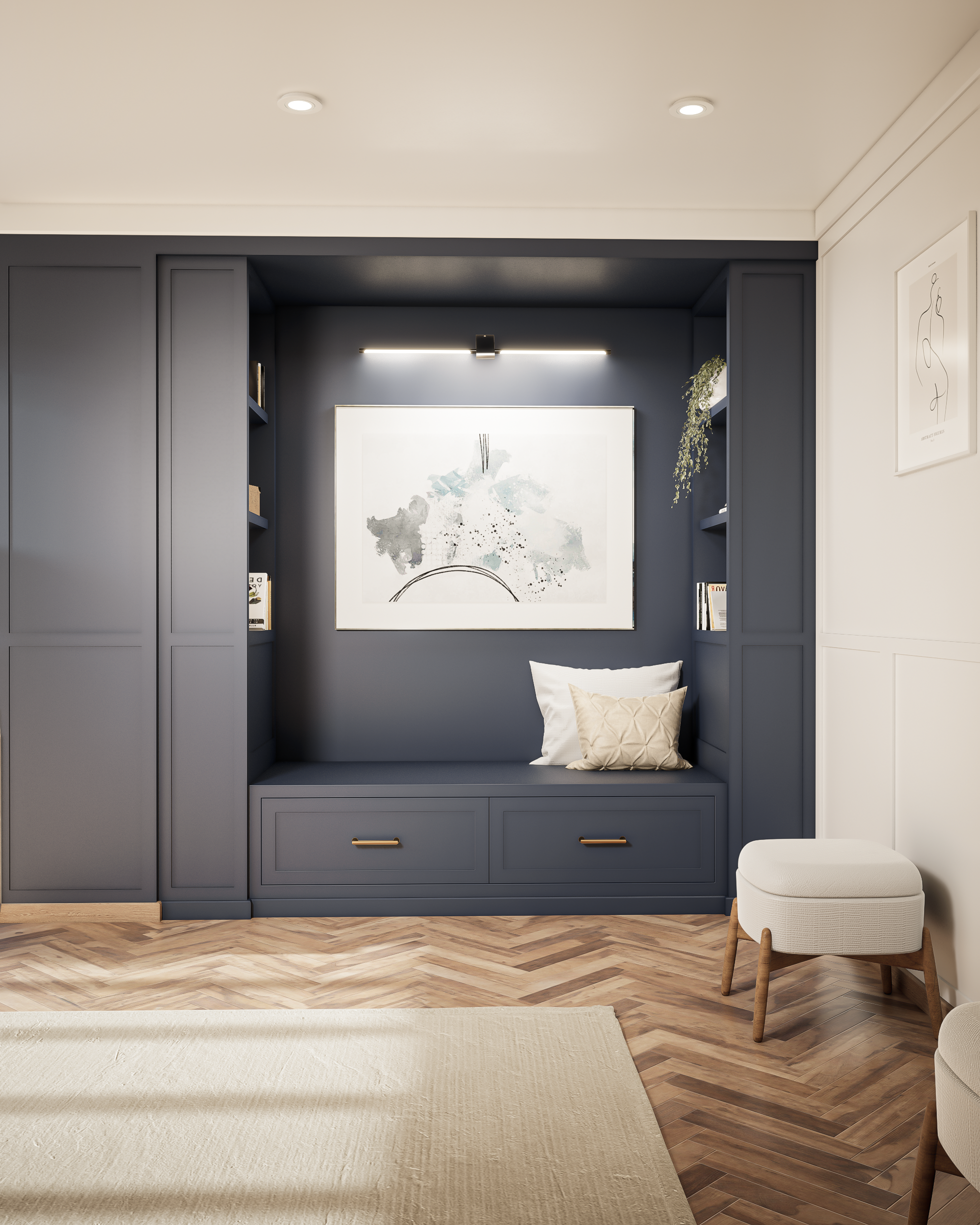 Custom Reading Nook with Front Drawers and Two Bookshelves: Your Cozy Retreat for Books and Relaxation