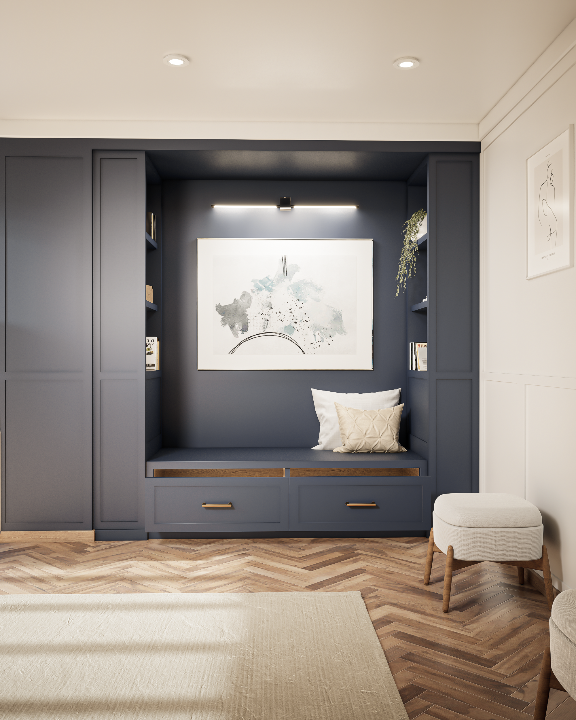 Custom Reading Nook with Front Drawers and Two Bookshelves: Your Cozy Retreat for Books and Relaxation