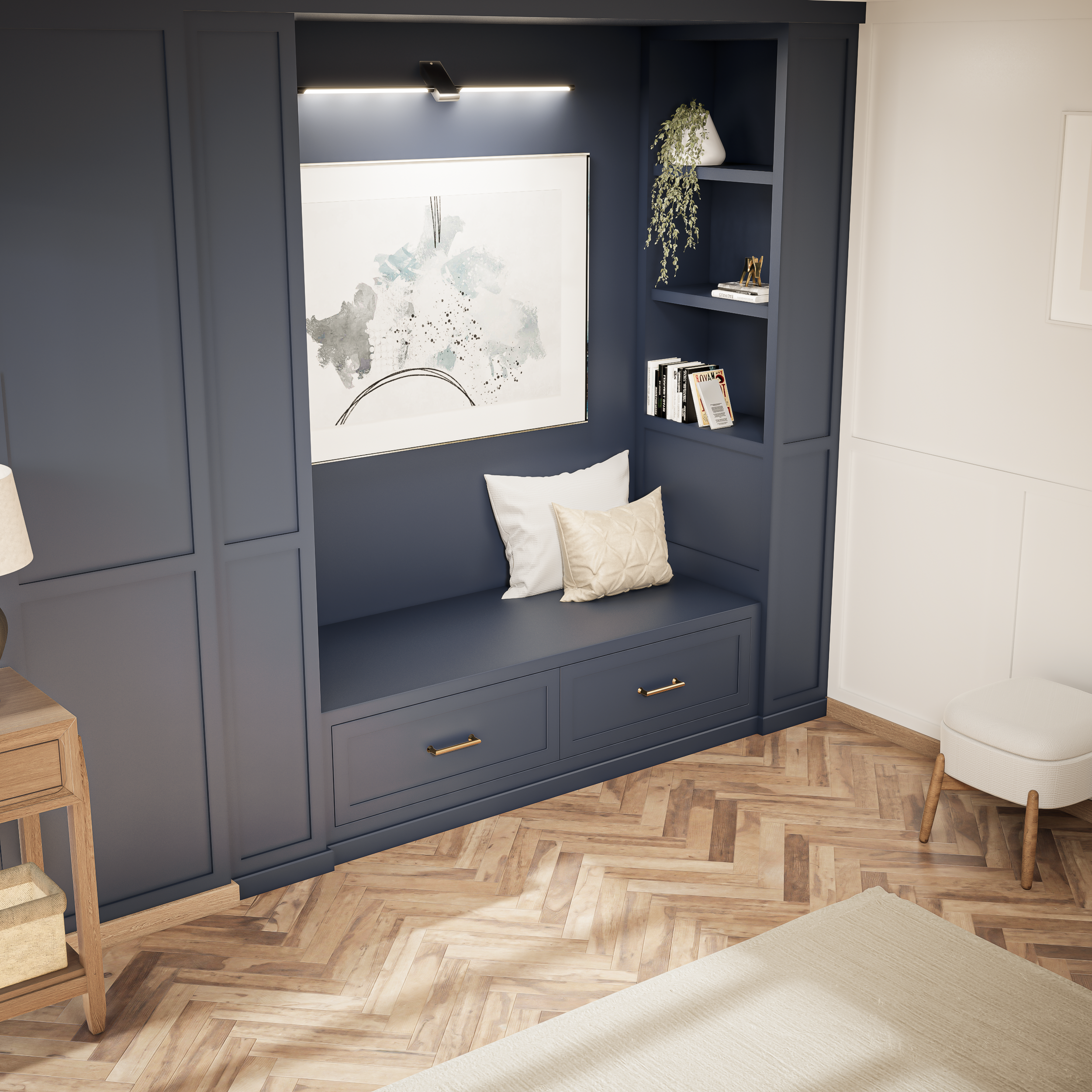 Custom Reading Nook with Front Drawers and Two Bookshelves: Your Cozy Retreat for Books and Relaxation