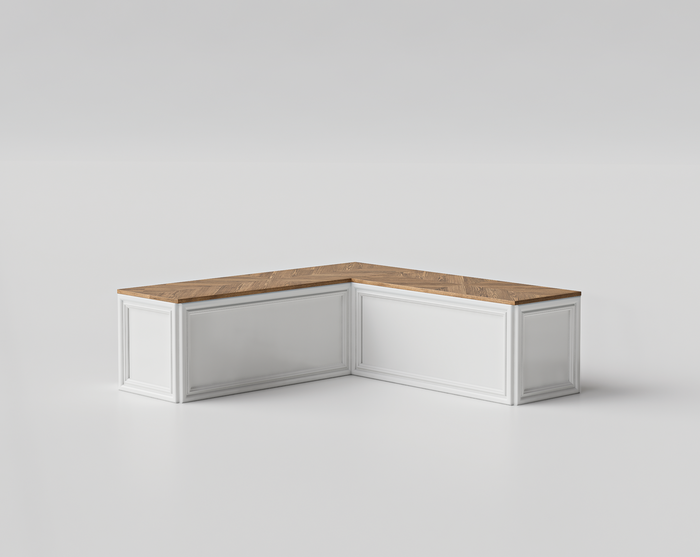 Standard Chevron L-Shape breakfast nook bench with herringbone wood seat and white frame