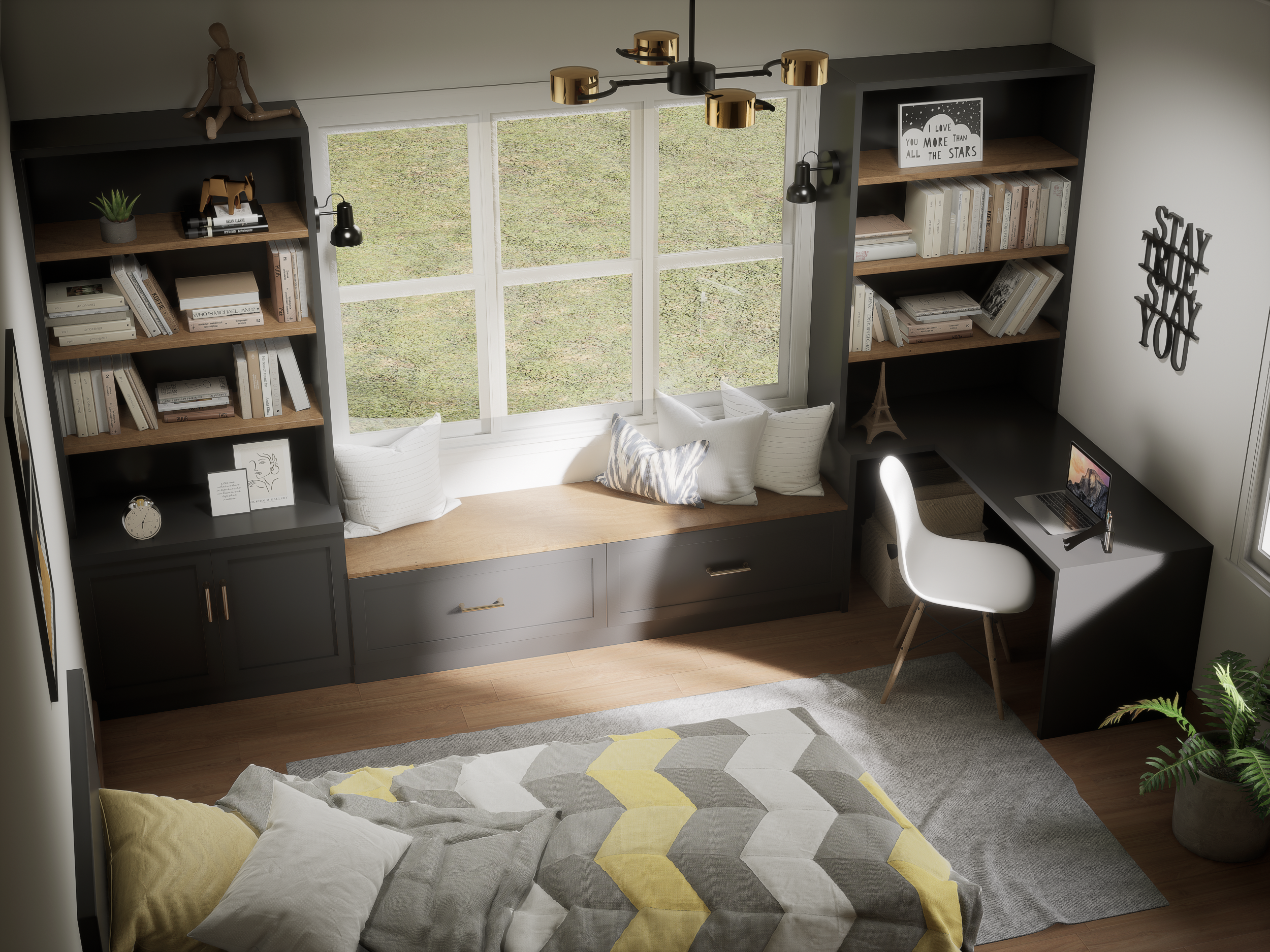 Modular Office and Bookshelf Furniture with Integrated Seat and Desk - Modern and Functional Design