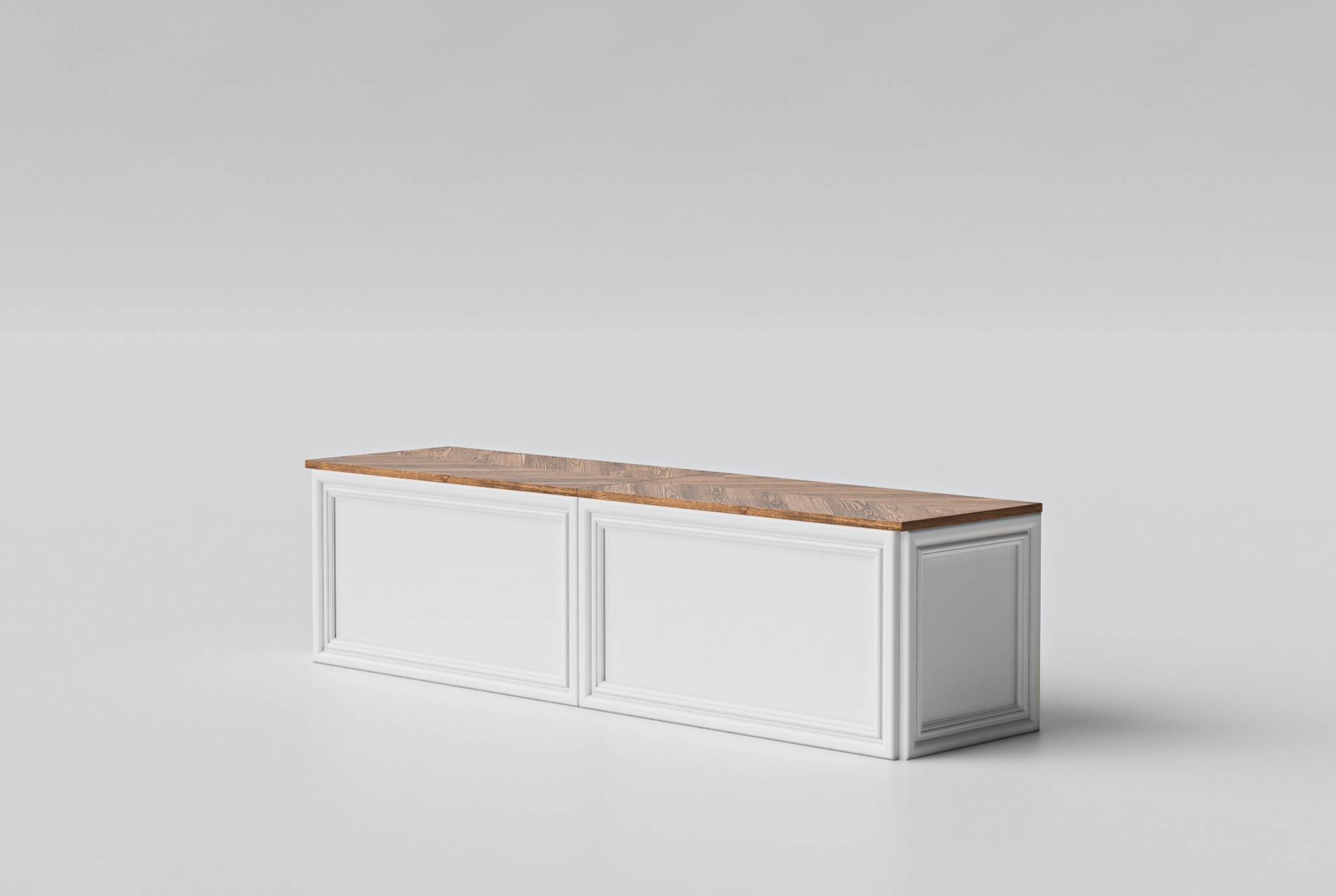 Straight white bench with herringbone wood top, handcrafted in the USA. Ideal for kitchens, entryways, or under a window.