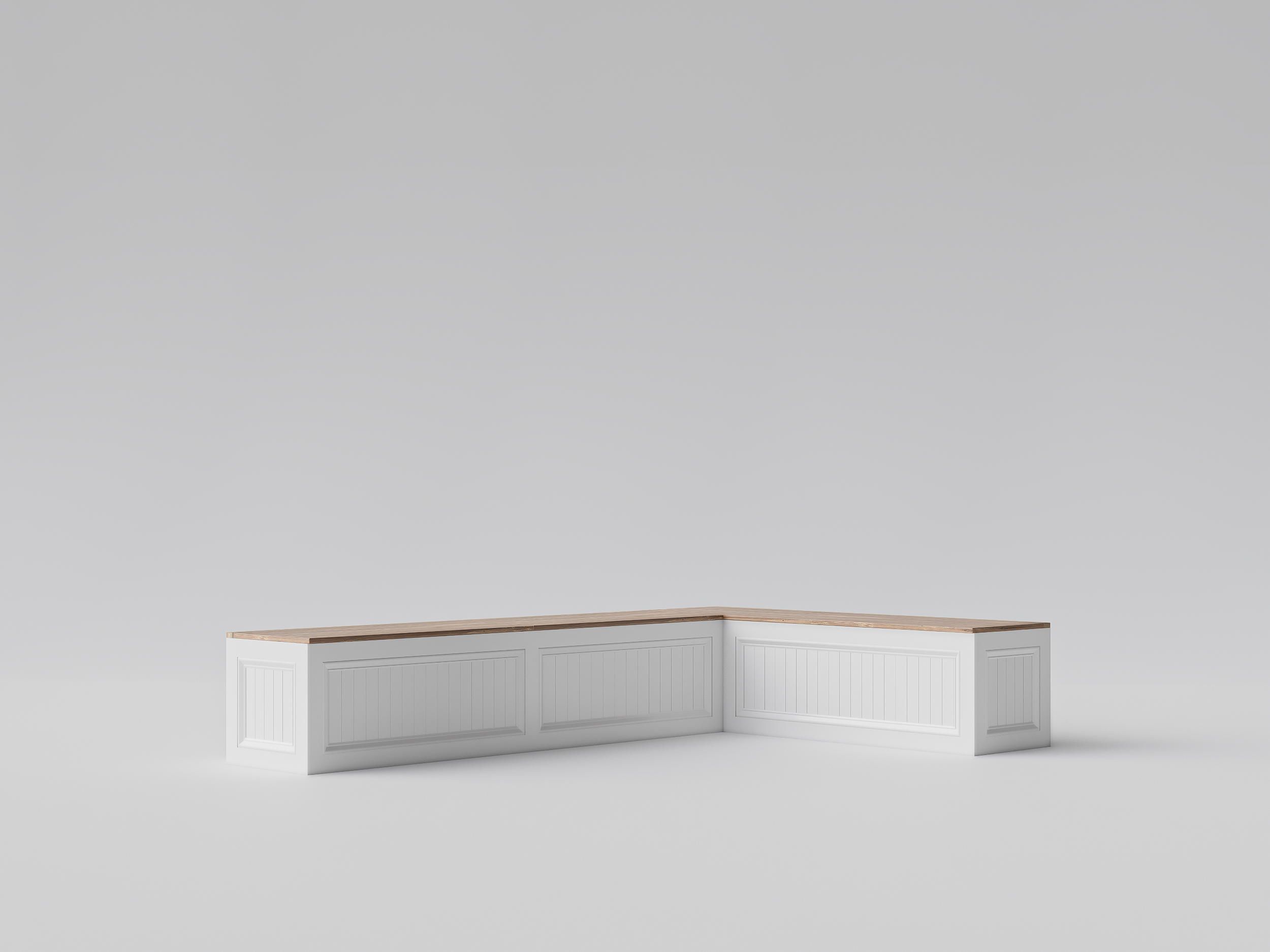 Farmhouse-style white corner bench with wood top and hidden seat storage, handcrafted in the USA for kitchens, nooks, or bay windows.