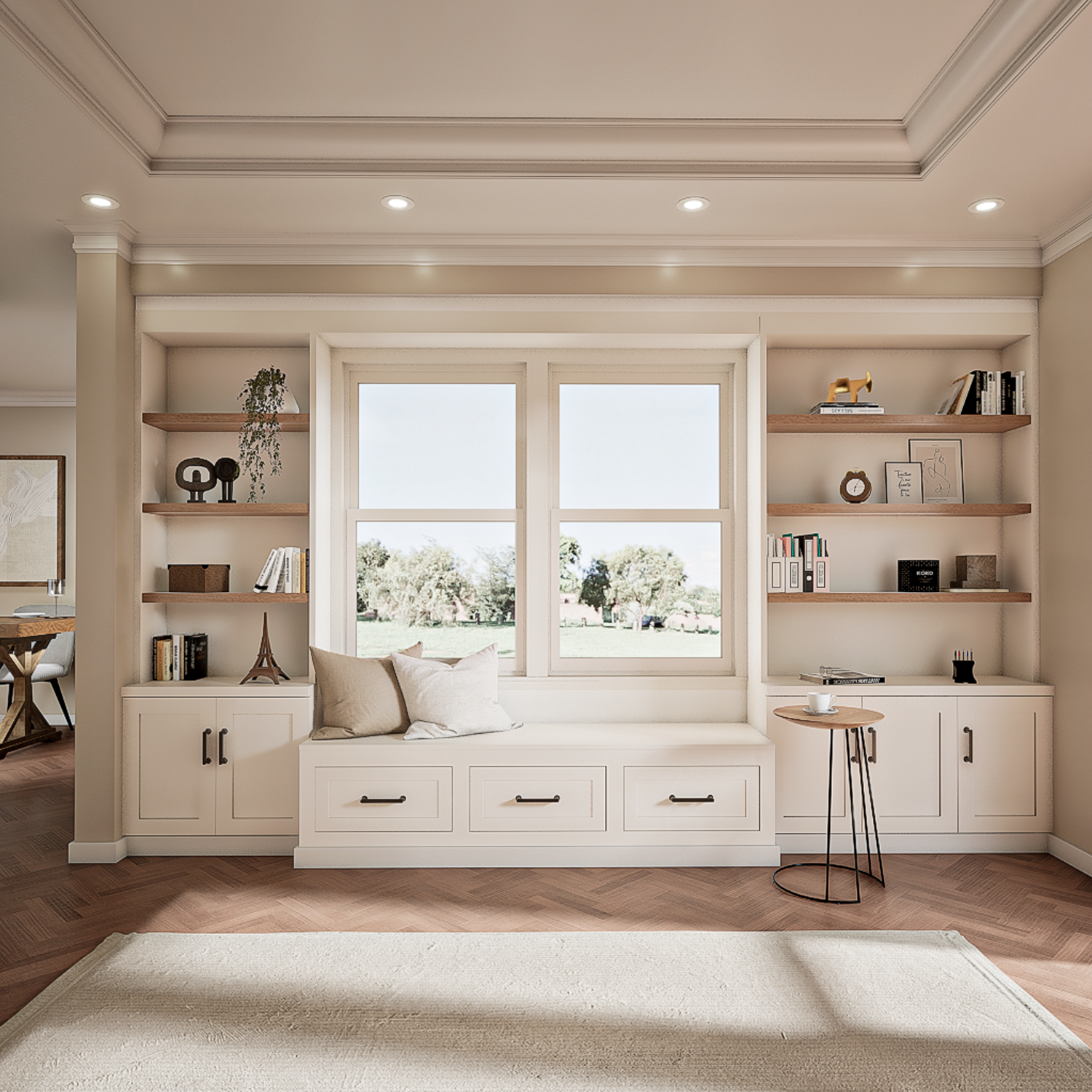Handcrafted Wooden Storage Bench with Bookshelves: Bespoke, Modern & Cozy Solution for Organized, Inviting Spaces
