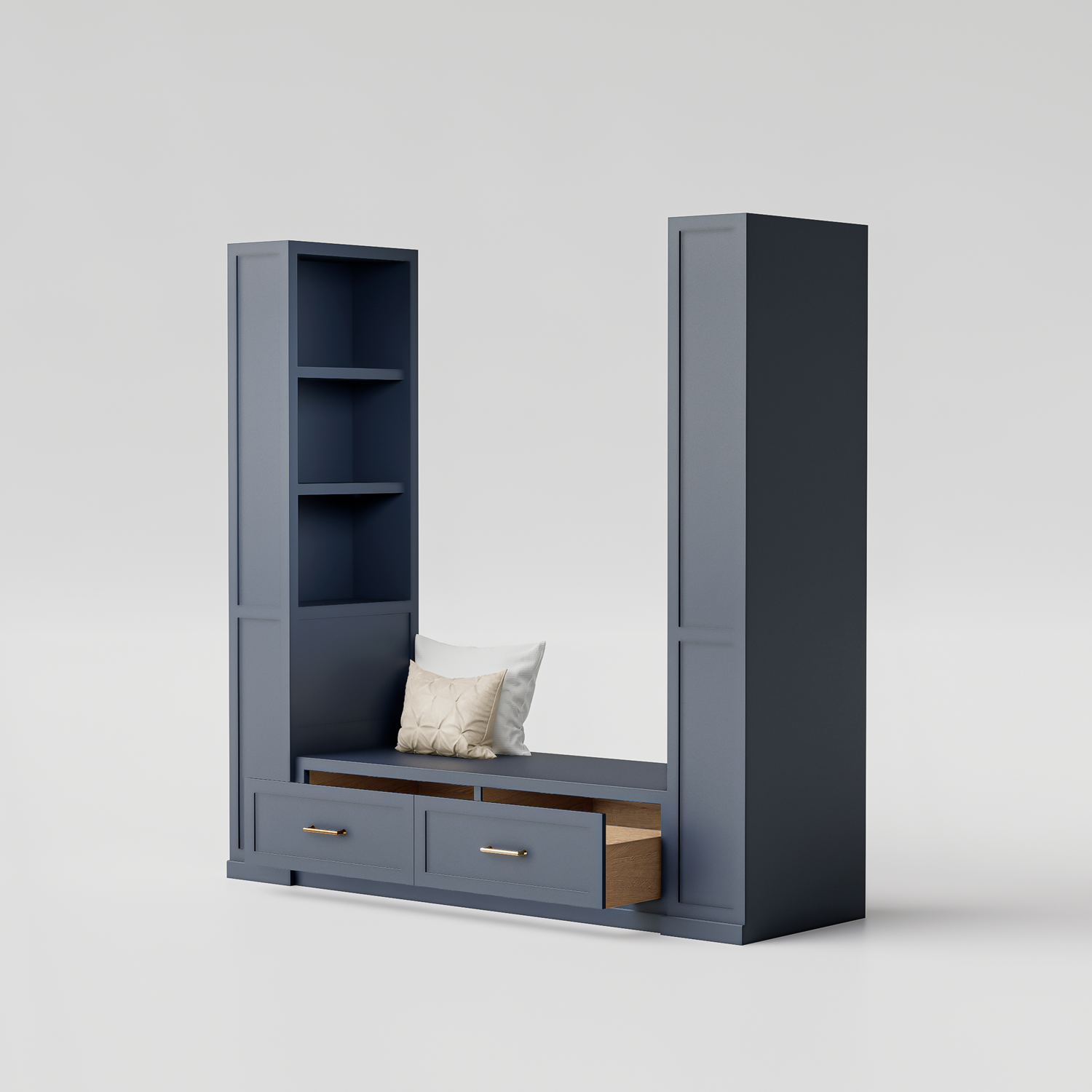 Custom Reading Nook with Front Drawers and Two Bookshelves: Your Cozy Retreat for Books and Relaxation