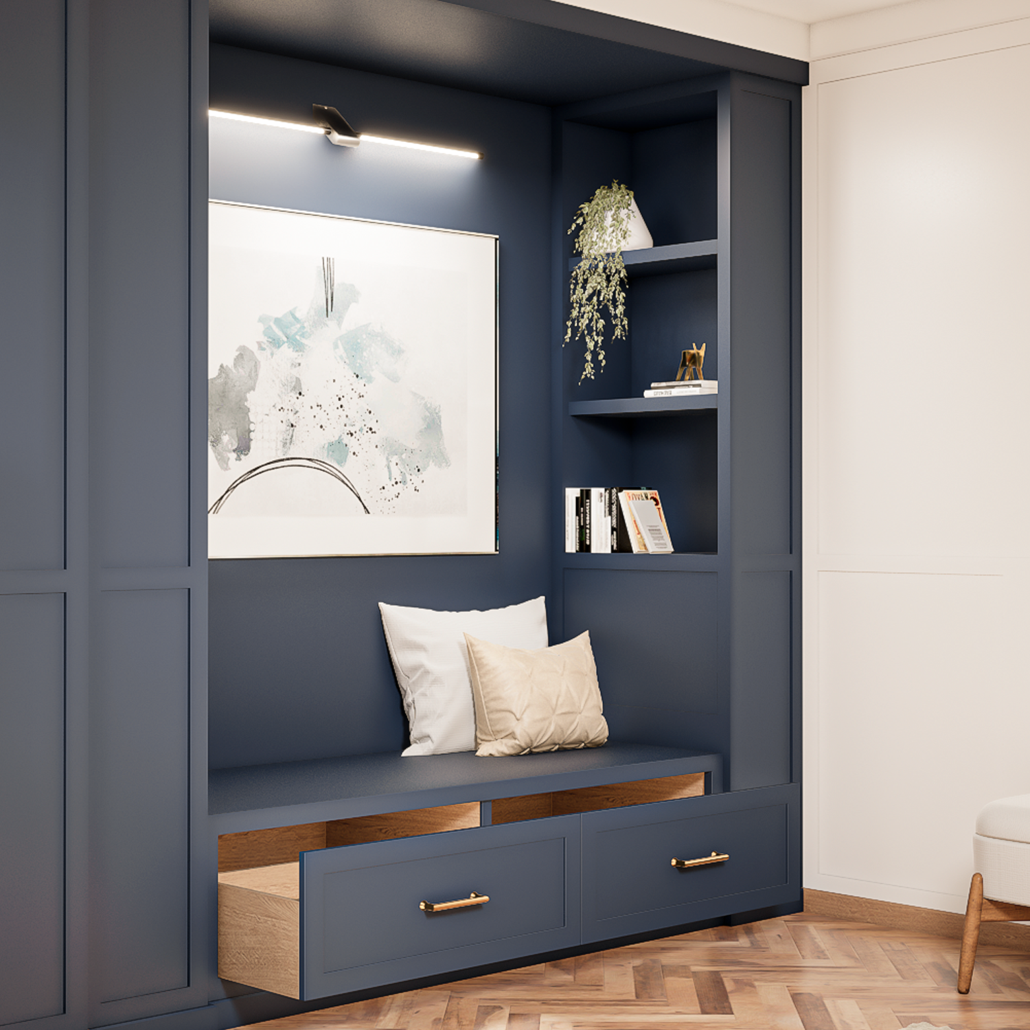 Custom Reading Nook with Front Drawers and Two Bookshelves: Your Cozy Retreat for Books and Relaxation