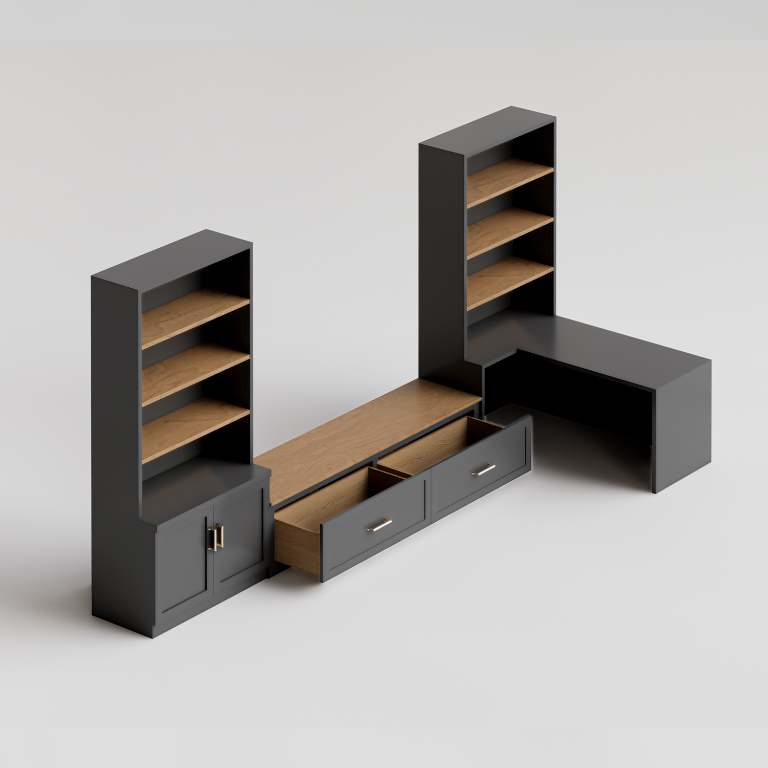 Modular Office and Bookshelf Furniture with Integrated Seat and Desk - Modern and Functional Design