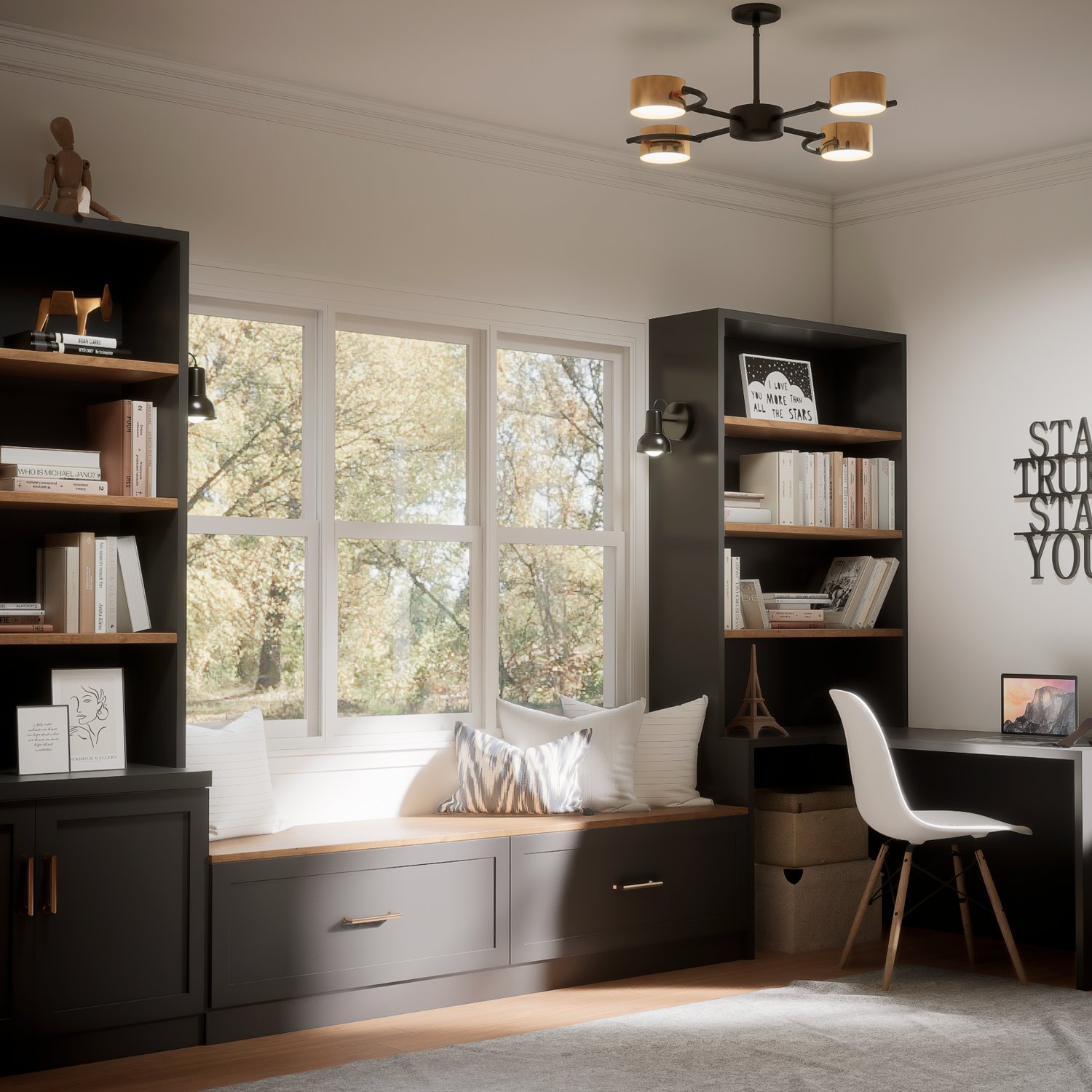 Modular Office and Bookshelf Furniture with Integrated Seat and Desk - Modern and Functional Design