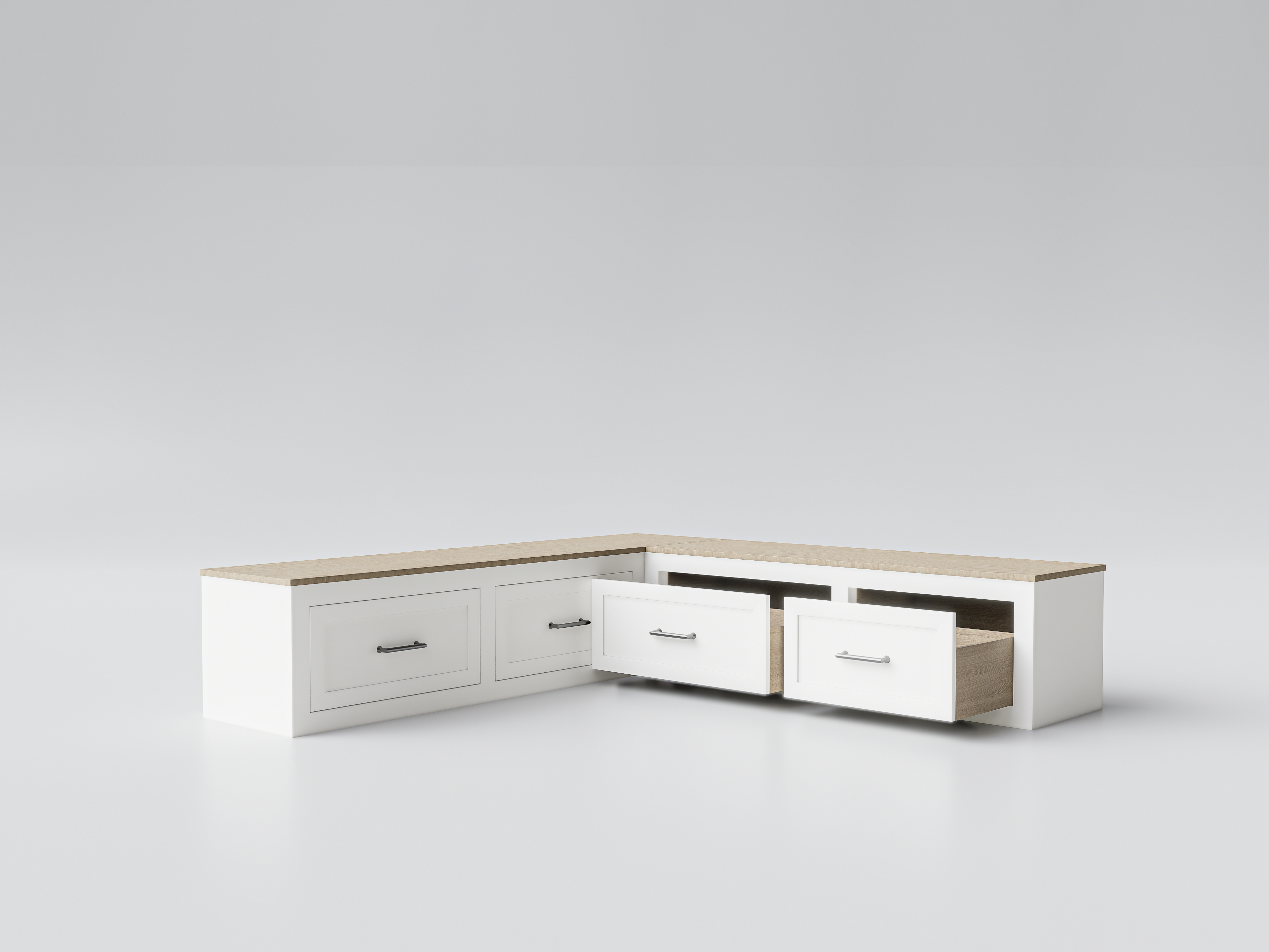 Custom white Shaker L-bench with front storage drawers and handcrafted finish