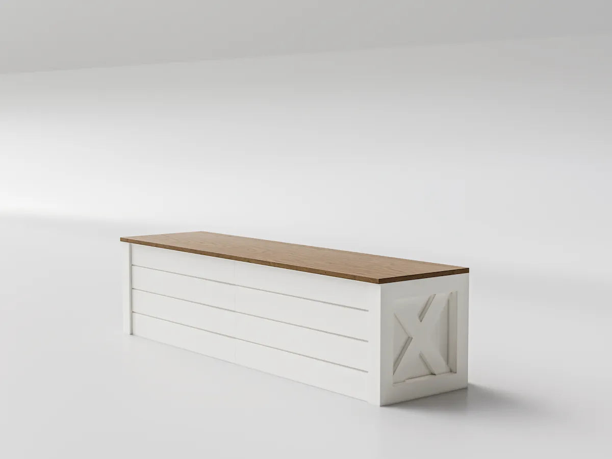 Custom farmhouse straight bench with white shiplap paneling and solid wood top