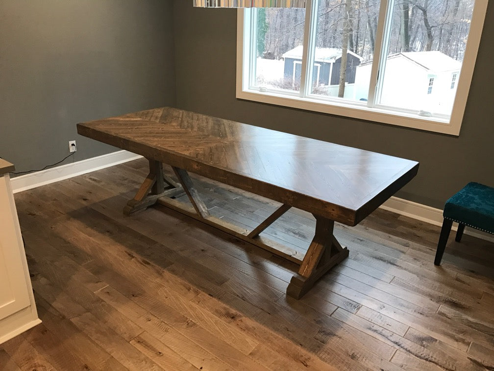 Farmhouse Dining Table with Herringbone Top – Fixed Sizes, Made in the USA