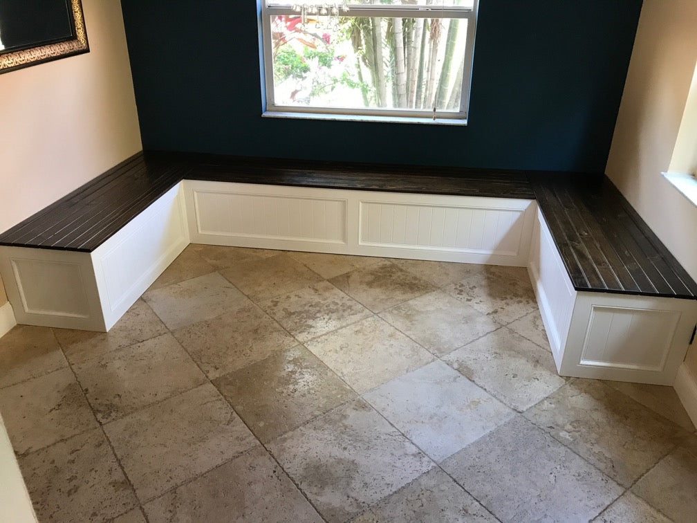 Photo of a Traditional style U-shape bench painted white with a dark brown V-groove top