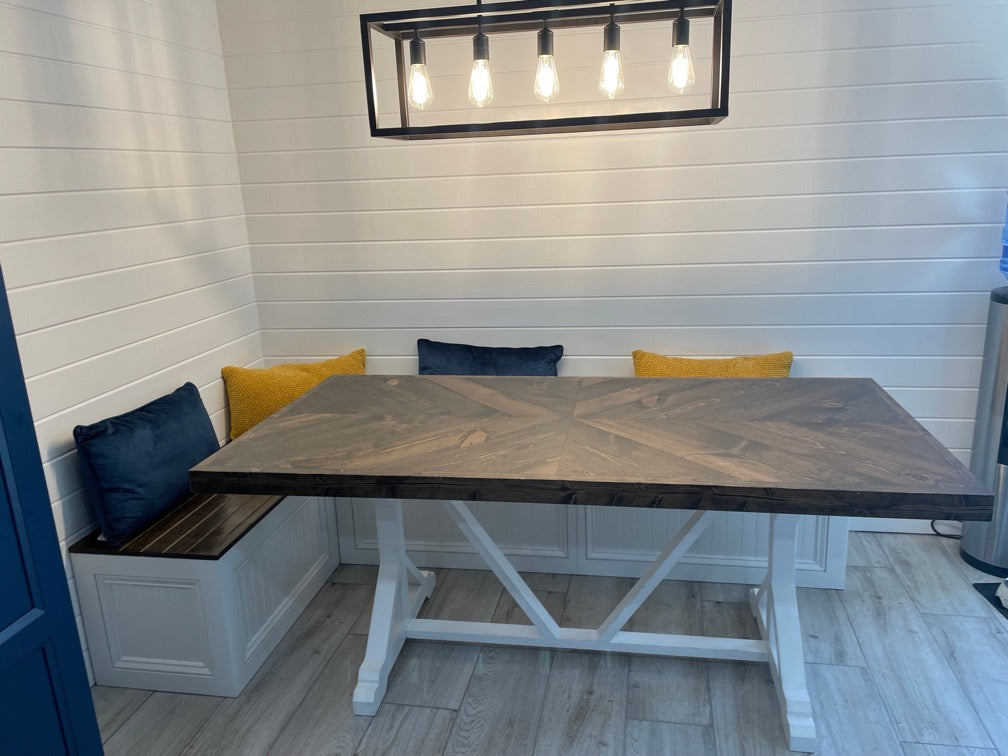 Farmhouse Dining Table with Herringbone Top – Fixed Sizes, Made in the USA