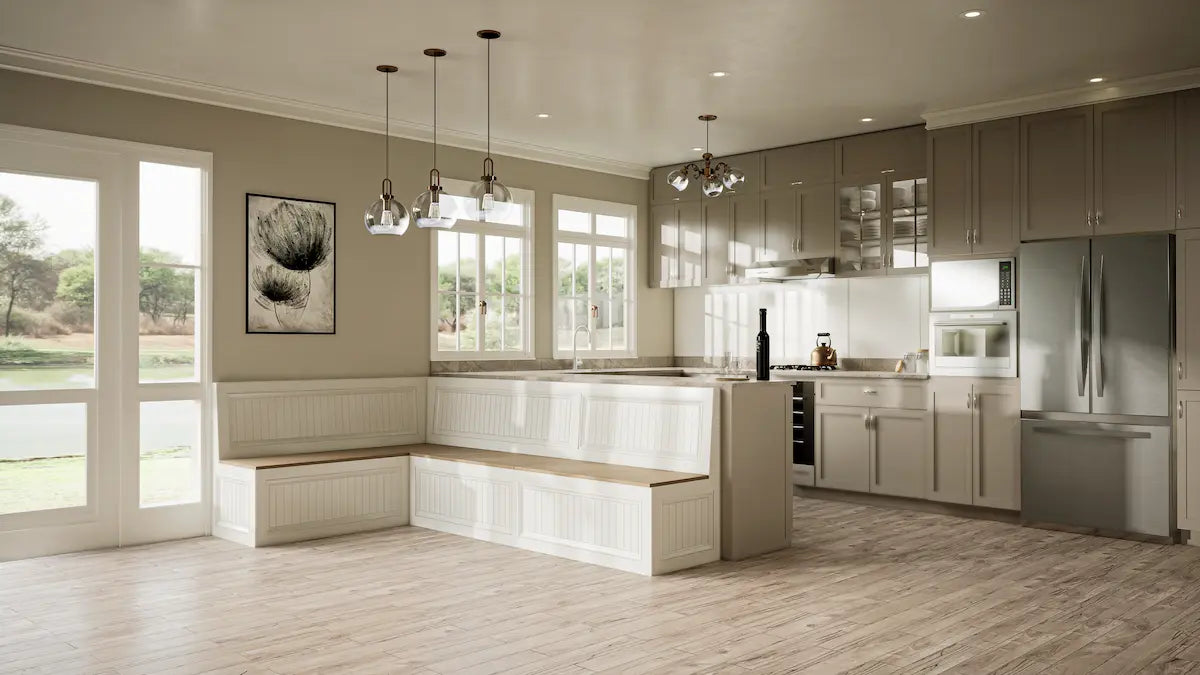 Custom breakfast nook bench with storage in bright summer kitchen