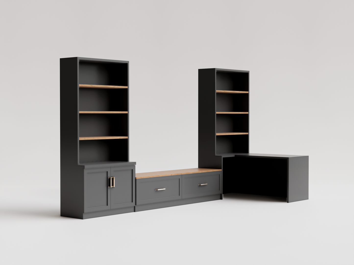 Modular Office and Bookshelf Furniture with Integrated Seat and Desk - Modern and Functional Design