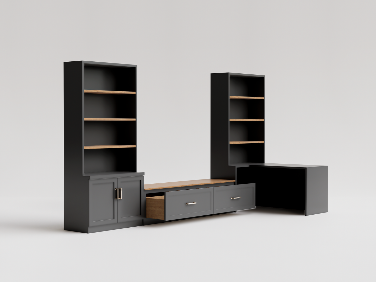 Modular Office and Bookshelf Furniture with Integrated Seat and Desk - Modern and Functional Design