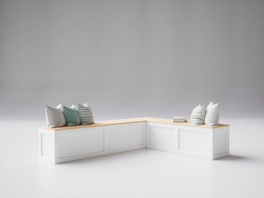 Shaker style L-shaped corner bench with neutral-toned cushions and minimalistic design, perfect for modern home interiors.