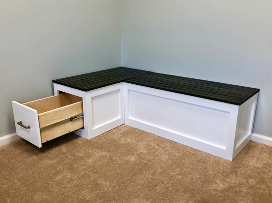 Photo of Shaker style L-shape corner bench with an end file drawer built into the left side end panel.