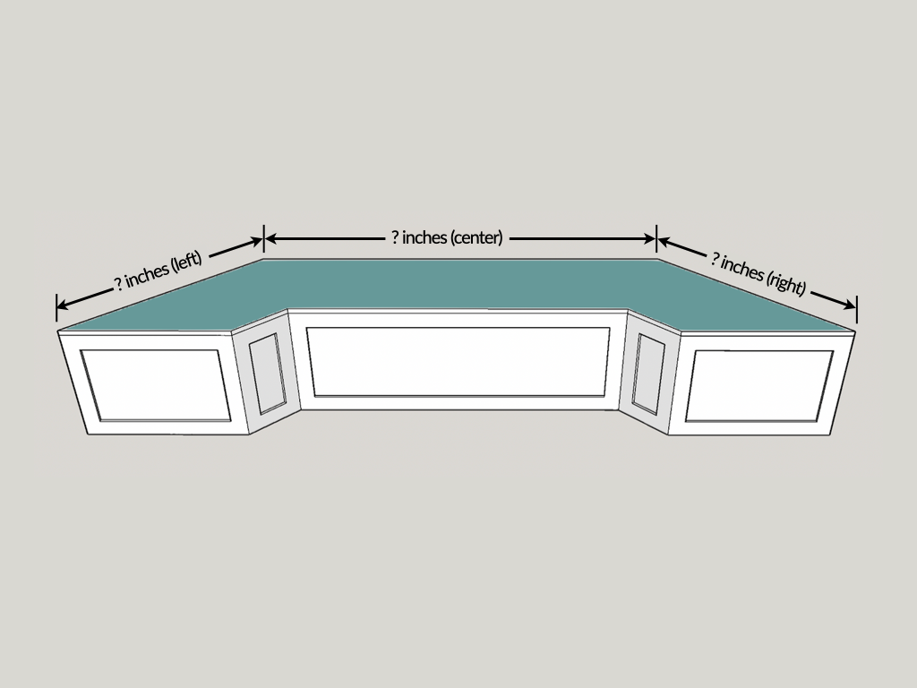  illustration showing where to measure left, center, and right lengths to design and build a bay window seat