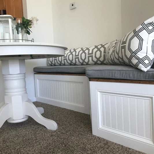 Photo of a custom angled banquette bench with a cushion on top