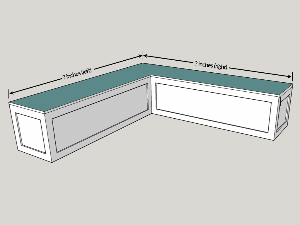 3-D illustration showing where to measure left and right lengths to design and build an L-shape corner bench
