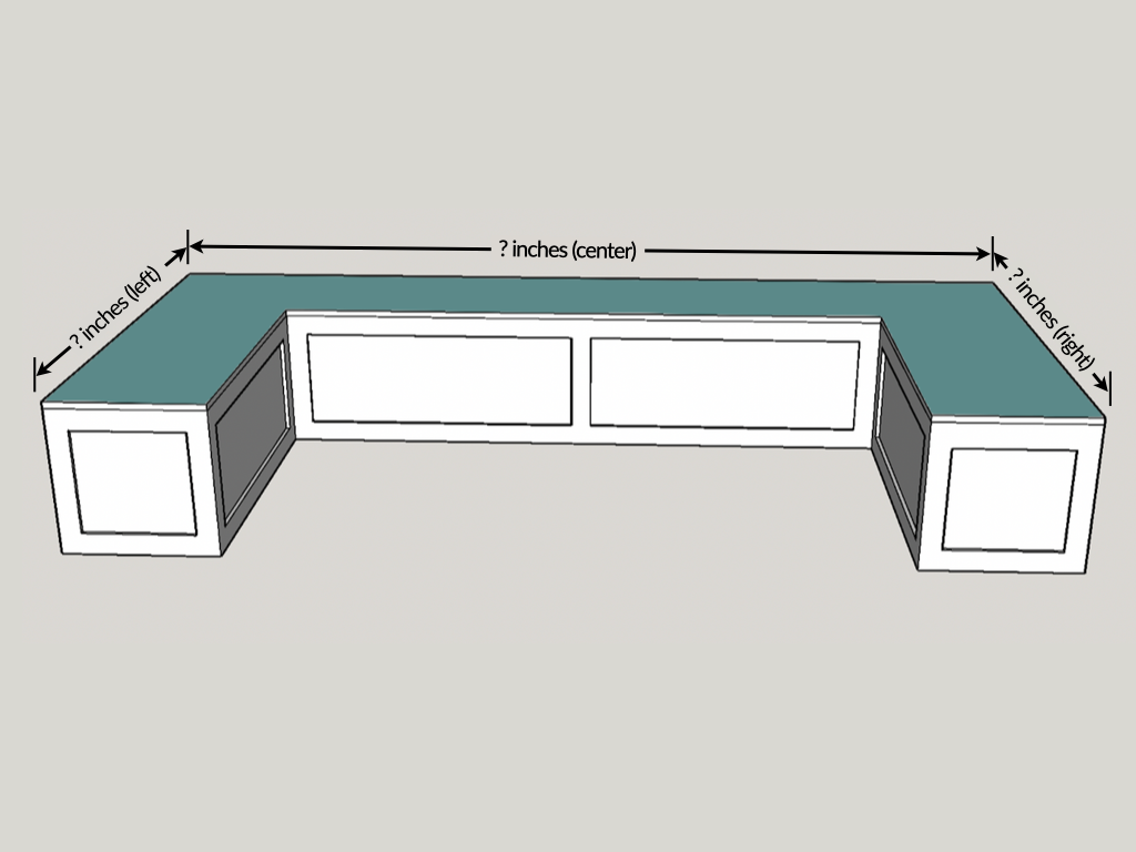 3-D illustration showing where to measure left, center, and right lengths to design and build a U-shape bench