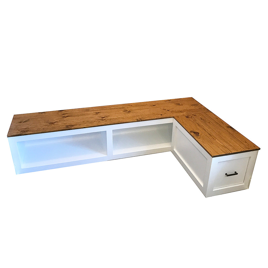 L-shape corner bench with open front cubbies and file drawer